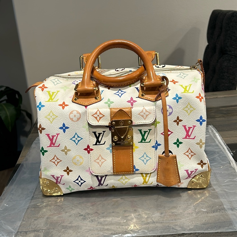 Louis Vuitton Multi color white canvas speedy 30 monogram handbag locking tote